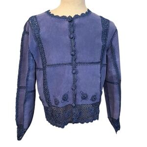 SMH‎ Boutique leather Women's XL Purple Crochet Accent Blazer Jacket lightweight